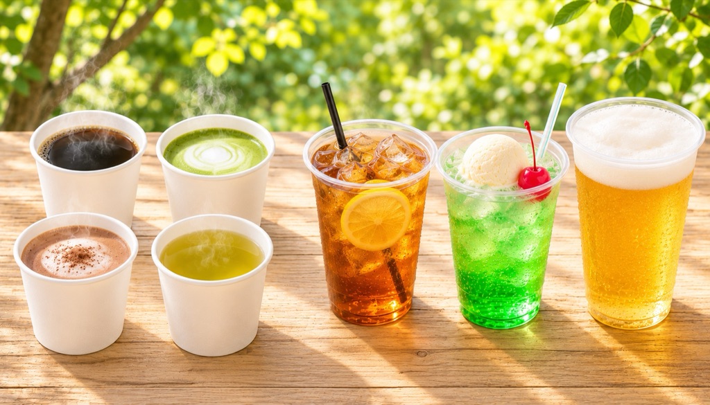 ドリンクカップの使用例 ホットコーヒー・抹茶ミルク・ココア・緑茶・アイスティー・メロンクリームソーダ・ビール