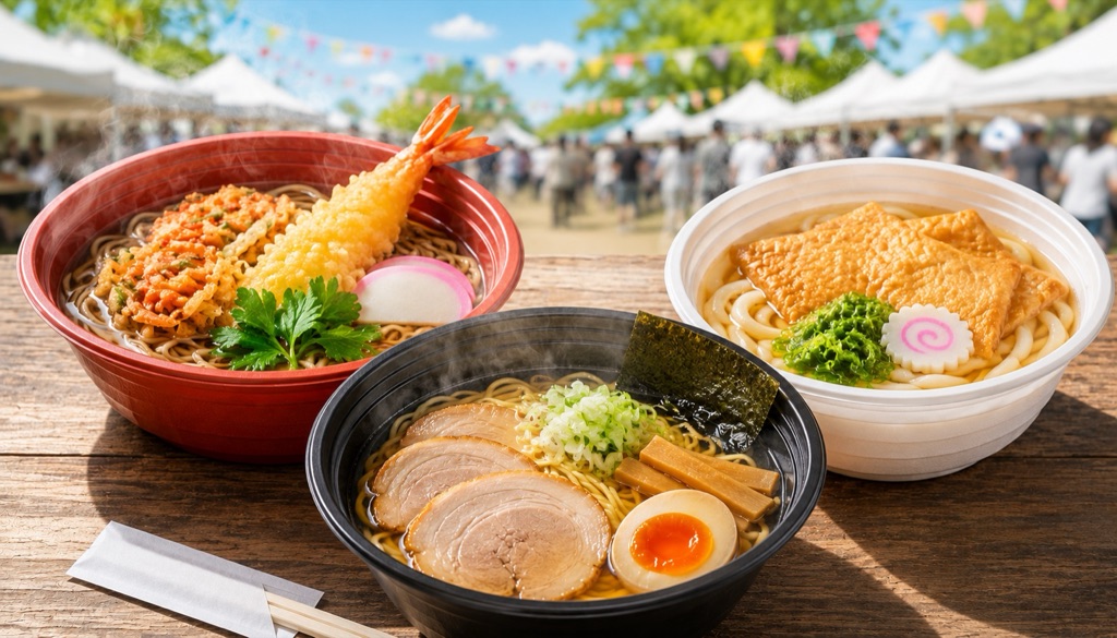 テイクアウト用どんぶり容器の使用例 ラーメン・天ぷらそば・きつねうどん