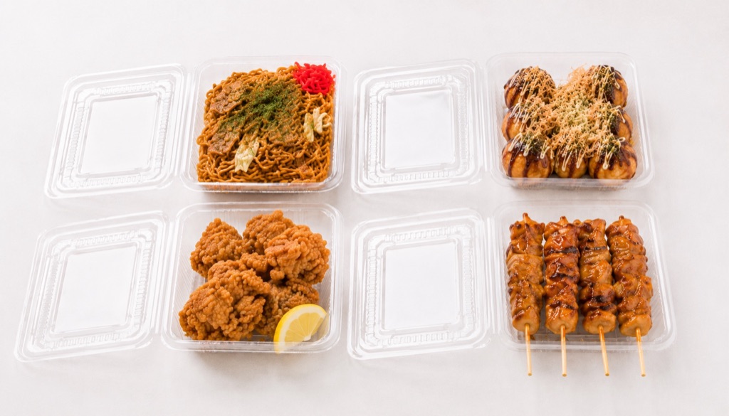 フードパック（透明トレー・蓋つき）の使用例 焼きそば・たこ焼き・唐揚げ・焼き鳥