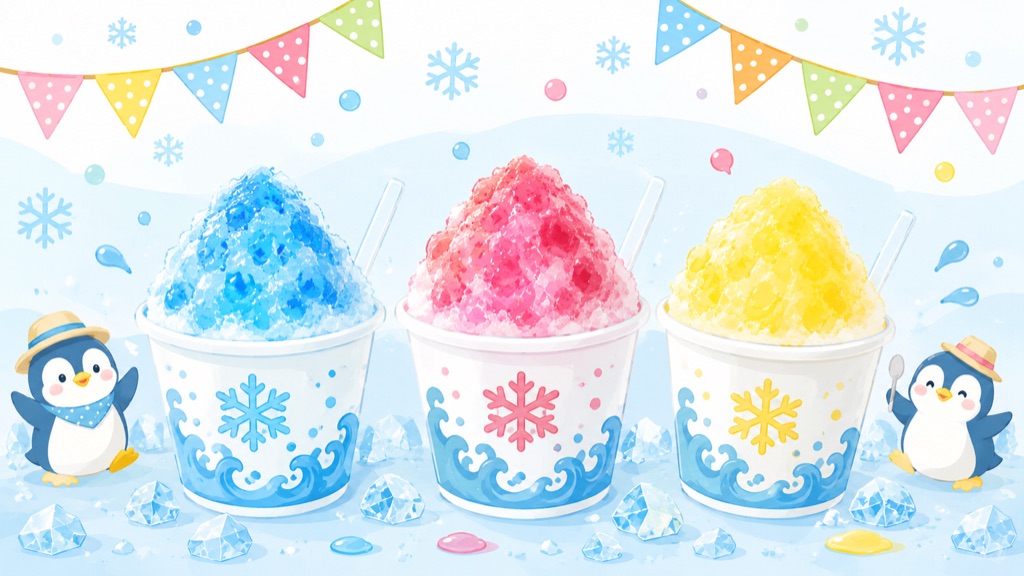 かき氷カップ(ブルーハワイ・いちご・レモン)と縁日フラッグ、ペンギンのイラスト